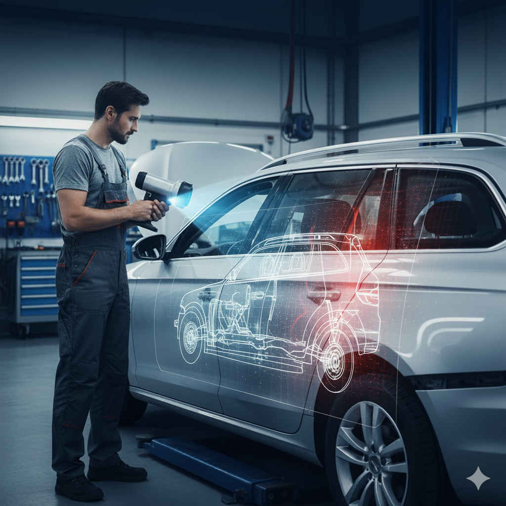 KFZ-Gutachter untersucht Auto in Werkstatt auf versteckte Schäden an Rahmen und Karosserie.