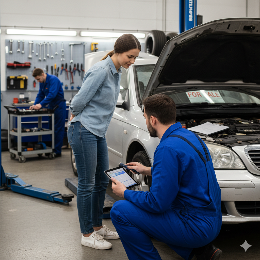Ein Gutachter kniet neben einem Auto mit geöffneter Motorhaube und zeigt einer Kundin Details auf einem Tablet. Im Hintergrund arbeitet ein weiterer Mechaniker an einem anderen Fahrzeug. Das Bild zeigt eine professionelle Gebrauchtwageninspektion in einer Werkstatt.
