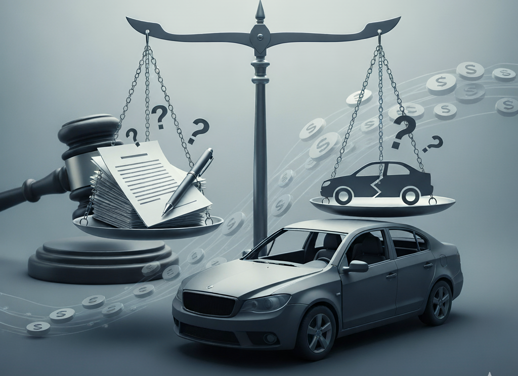 Eine Waage, deren linke Schale mit einem Stapel Dokumente und einem richterlichen Hammer beschwert wird, während die rechte Schale ein kaputtes Auto hält. Ein intaktes Auto steht im Vordergrund. Die Waage symbolisiert die rechtliche Abwägung nach einem Verkehrsunfall, wobei die Dokumente die Anwalts- und Gutachterkosten und das kaputte Auto den Schaden darstellen.