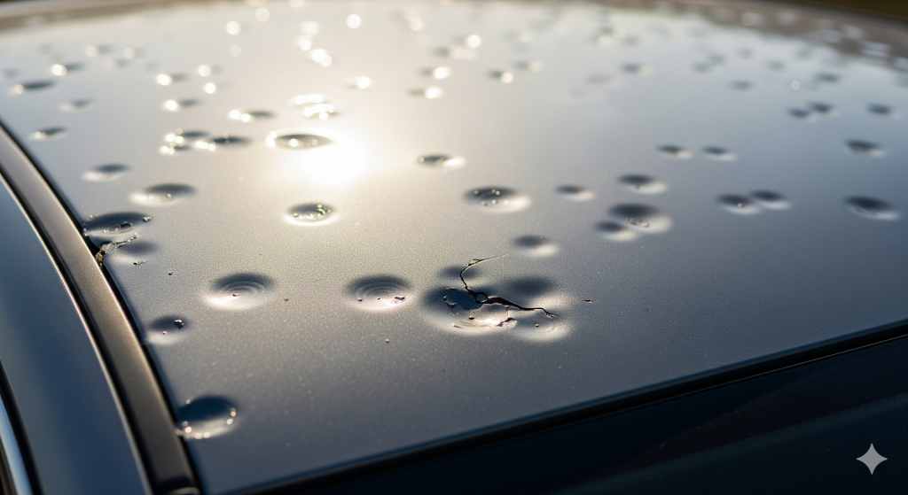 Nahaufnahme eines Autodachs mit zahlreichen Dellen durch Hagelschaden, bei Sonnenlicht.