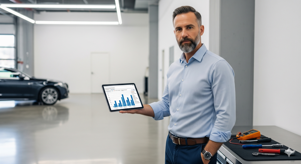 Sachverständiger mit Tablet in der Werkstatt bei der Schadensbewertung