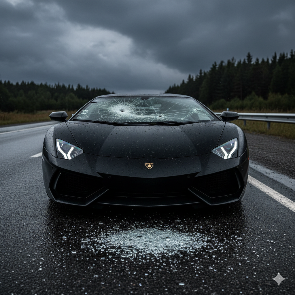 Ein schwarzes Lamborghini-Luxusauto steht auf einer nassen, dunklen Straße. Die Windschutzscheibe ist stark beschädigt und zersplittert, mit einem großen Loch in der Mitte. Glasscherben liegen auf der Straße vor dem Auto. Der Himmel ist bewölkt und dunkel, was eine düstere Stimmung erzeugt. Im Hintergrund sind Bäume und eine Leitplanke zu sehen. Das Auto ist aus einer frontalen Perspektive aufgenommen, wobei die Scheinwerfer leuchten.